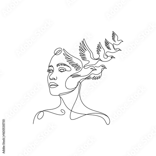 Elegant Continuous Line Art Depicting a Woman's Face Transforming into Birds Taking Flight Gracefully