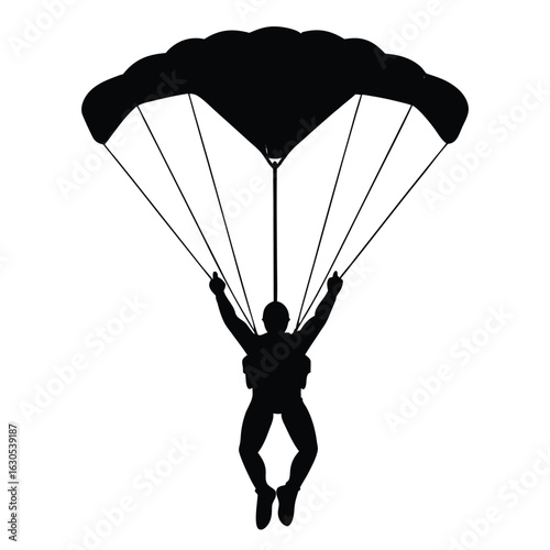 Black skydiver descending with parachute silhouette