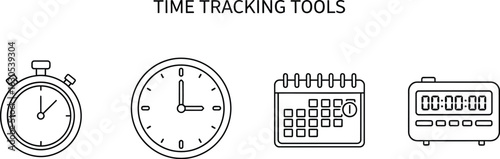 Vector art of time tracking tools concept with stopwatch, clock, calendar, and timer icons vector illustration in outline drawing style