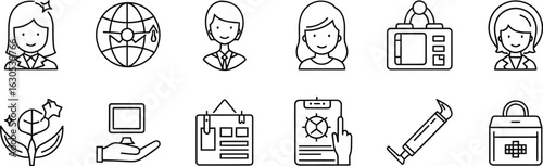Vector art of human resource icons with avatar, globe, customer service, woman, badge, award, hand, bag, clipboard, syringe, and kit