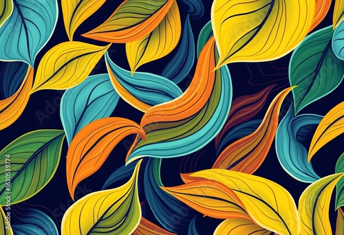 Abstract seamless leaf pattern with flowing lines; perfect for wallpaper, fabric, and home decor, nature, leaves