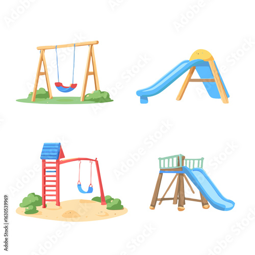 Illustration of playground equipment in a park.