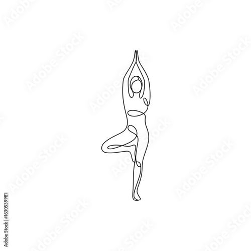 Elegant One-Line Drawing of a Woman in Tree Pose Showcasing Balance and Serenity