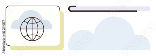 Globe enclosed in a rectangle symbolizing worldwide access, overlaying simple cloud graphic. Ideal for technology, networking, innovation, global reach, internet, data storage cloud computing. Clear