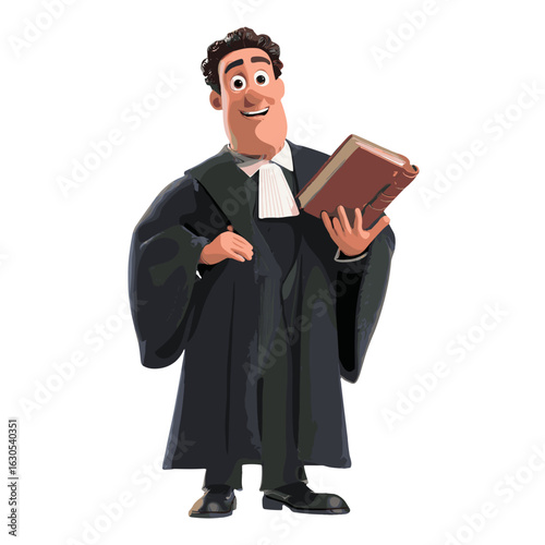 An illustration of a cartoonish male judge holding a book, smiling.