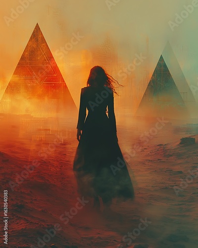 Silhouette of a woman walking in a desert with pyramids in the background