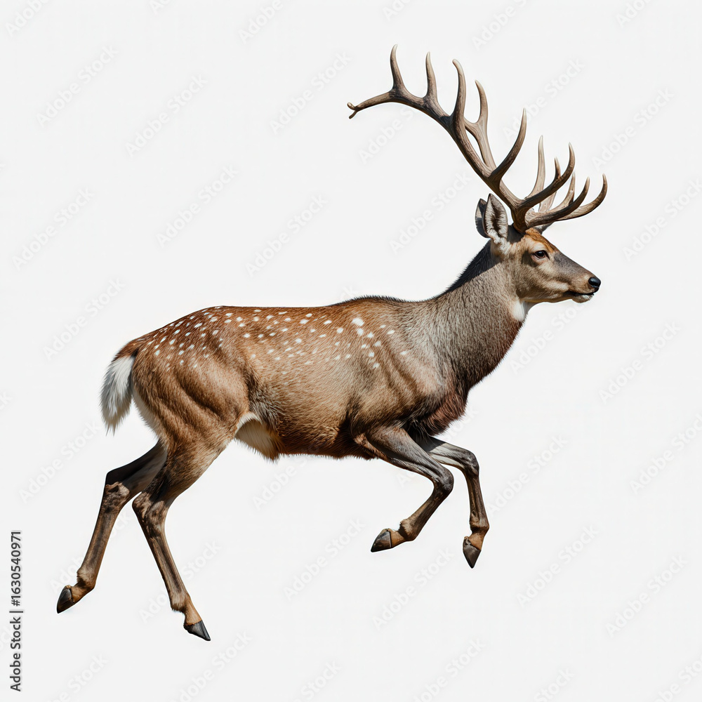 Fototapeta premium Majestic Deer in Mid-Air: A stately deer leaps gracefully, showcasing its magnificent antlers and spotted coat against a clean background, embodying strength, freedom, and natural beauty.