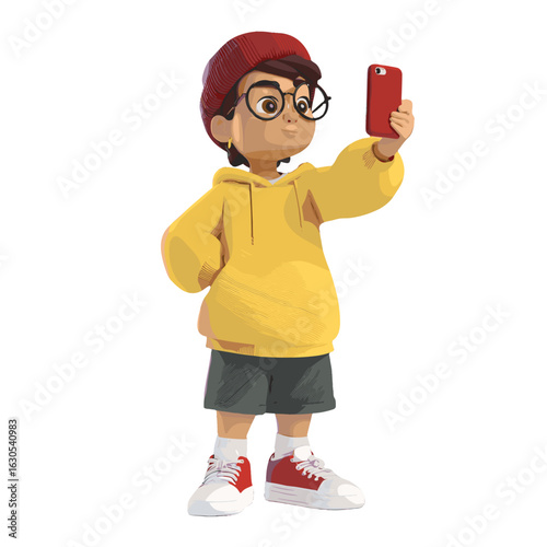 Young individual taking a selfie with a red phone.