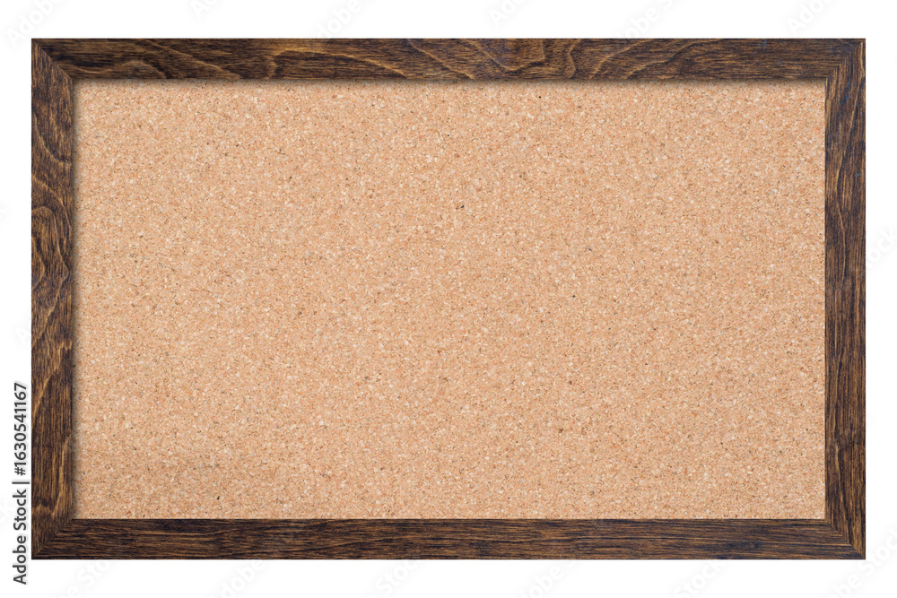 Fototapeta premium Brown cork board, note pinboard with unpainted natural wooden frame isolated on white background