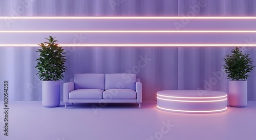 Fototapeta Naklejka Na Ścianę i Meble -  Modern lilac interior design with sofa plants and neon lighting