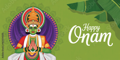 Kathakali dancer illustration with vibrant costume and makeup on green background with banana leaves, celebrating Onam festival in Kerala
