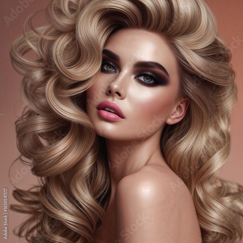 Portrait of a woman with long, wavy blonde hair. Her skin is fair and smooth. Hair striking, bold makeup highlights her large, expressive eyes and long, thick eyelashes.