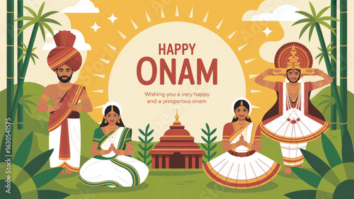 Onam celebration illustration with traditional Kerala attire, Kathakali dancer, temple, palm trees, and festive sunlit background