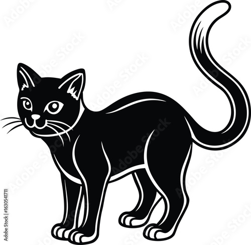  line art vector illustration eps black cat illustration with curled tail and alert expression  line art vector illustration eps