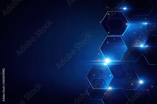 Abstract dark blue background with glowing hexagon grid