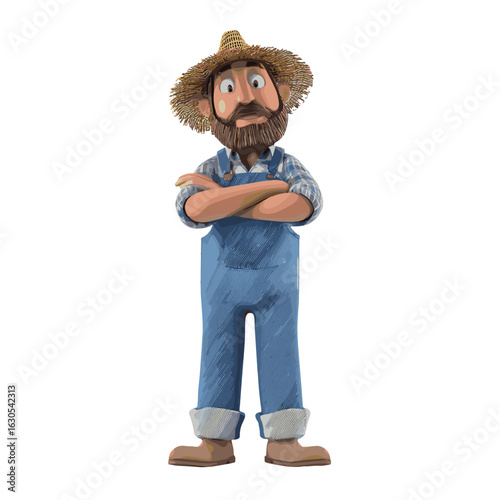 A farmer with a straw hat standing in front of a white backdrop.