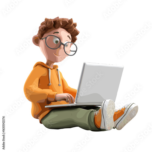 A Young Boy Focused on his Laptop.