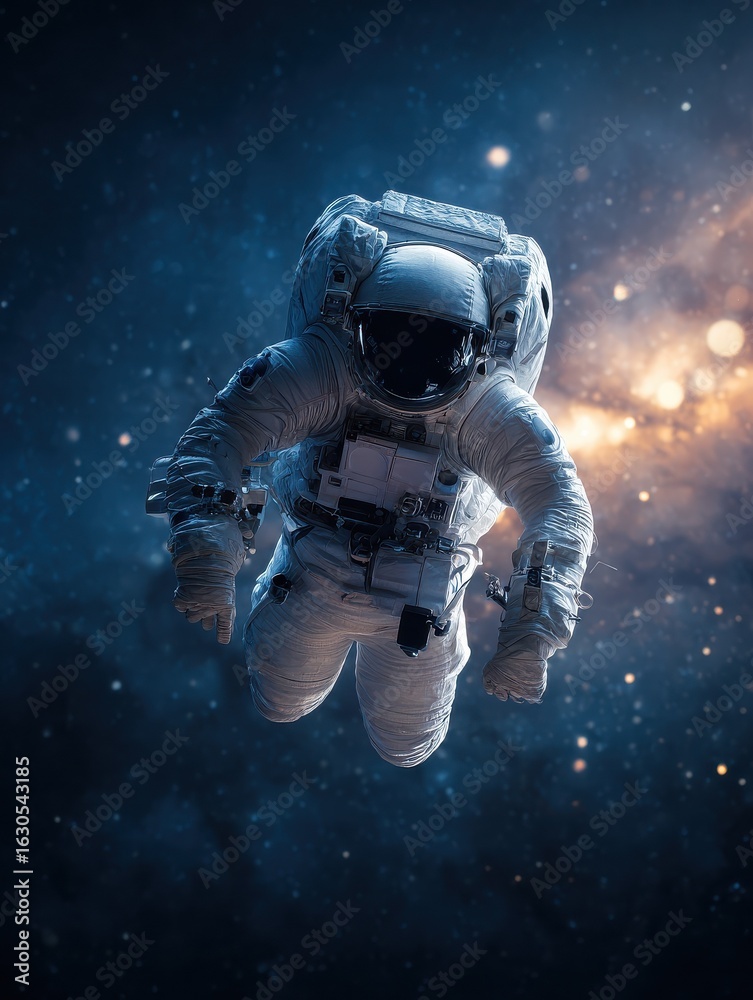 Fototapeta premium astronaut floating in the depths of outer space exploring the galaxy and universe in a space suit