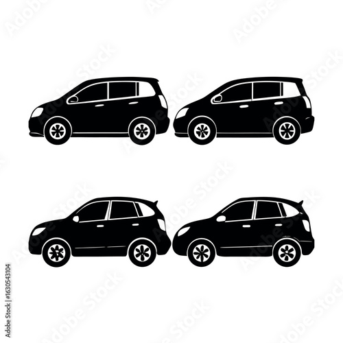 Four black car silhouettes on white background automobile
