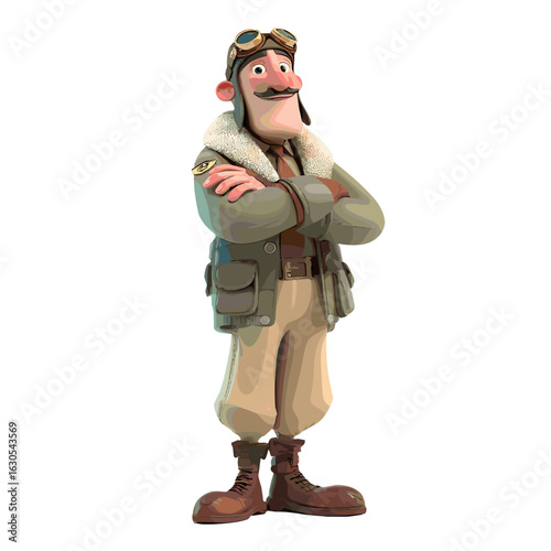 A cartoon pilot with a classic style posing with confidence.