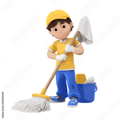 A cheerful cartoon person cleaning.