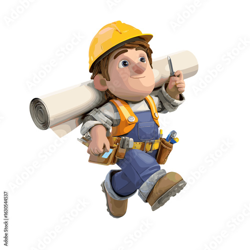 A construction worker with a blueprint on his shoulder, filled with determination.
