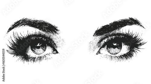 Detailed sketch of a pair of eyes with thick eyelashes and expressive eyebrows artistic illustration for beauty concepts