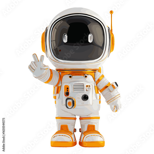 Astronaut figurine in a spacesuit making a peace sign.