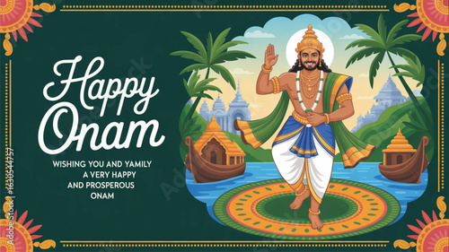 Happy Onam greeting card with King Mahabali illustration, Kerala houses, palm trees, and festive message on vibrant traditional backdrop