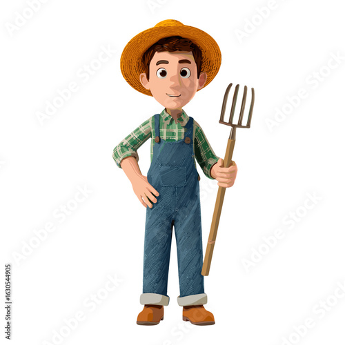 A young farmer is holding a pitchfork on a farm.