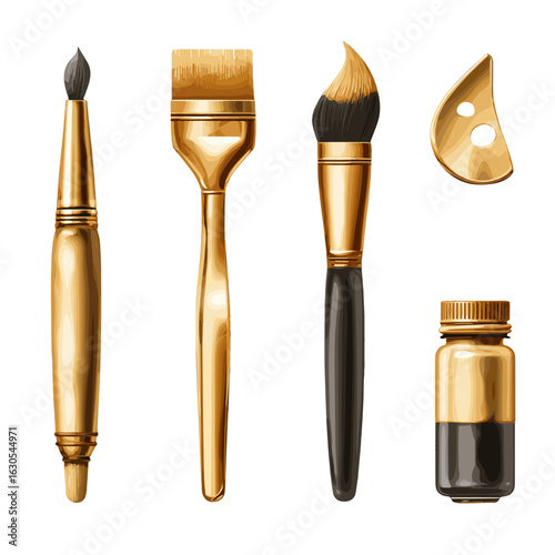 Golden art tools including brushes, palette and paint bottles, showcasing creative potential.