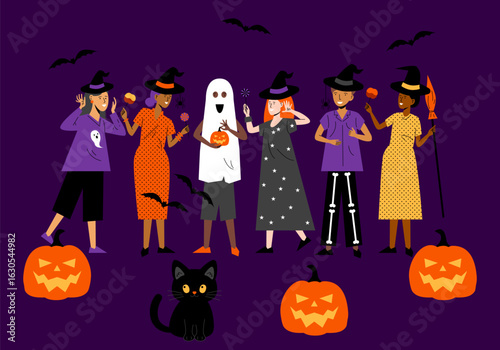 Halloween party background, people in Halloween costumes. Halloween , group of teens in Halloween costume