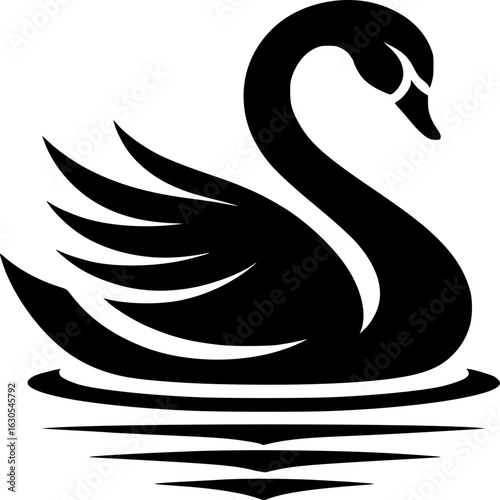 Elegant Swan Silhouette: A minimalist black swan gracefully gliding on serene water, perfect for designs evoking purity, elegance, and natural beauty.