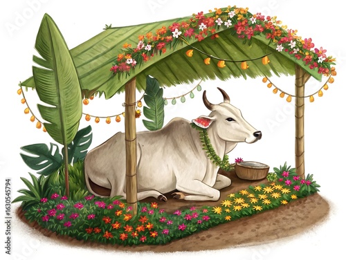 Sacred white cow resting under a decorated hut isolated on white background