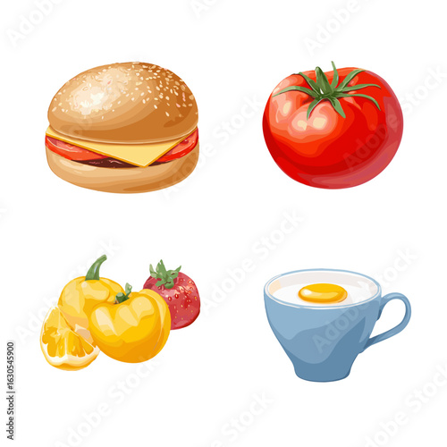 Colorful arrangement of food and drink items, presented with detail.