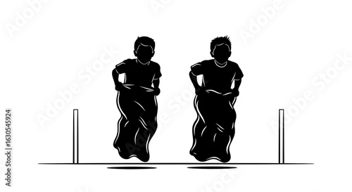Silhouettes of two children jumping and competing in a traditional outdoor sack race.