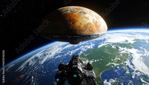 Spaceship orbiting Earth, approaching a large, reddish-brown, oblate spheroid space station