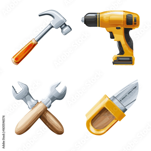 Four different tools illustrated for construction and repair.