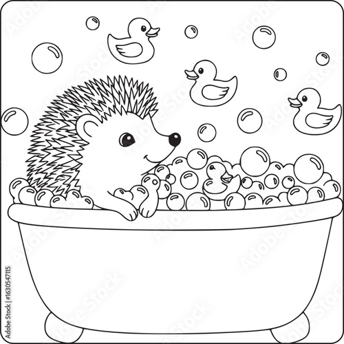 Cute hedgehog taking bubble bath with rubber ducks in black and white cartoon line art for fun kids coloring page