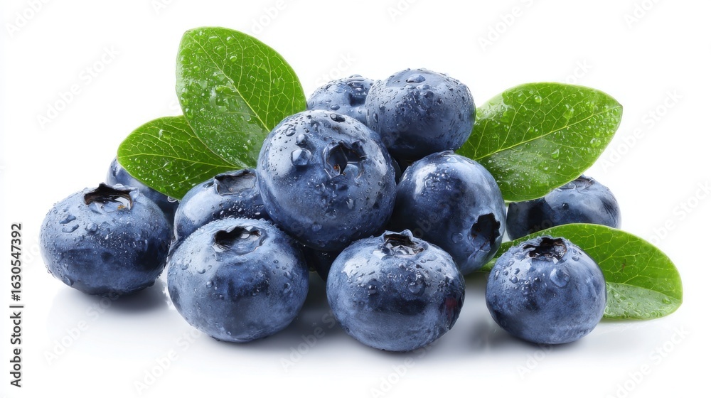 Fototapeta premium Fresh blueberries sit beautifully on a clean surface, glistening with water droplets. Green leaves accompany the berries, emphasizing their freshness and juiciness.