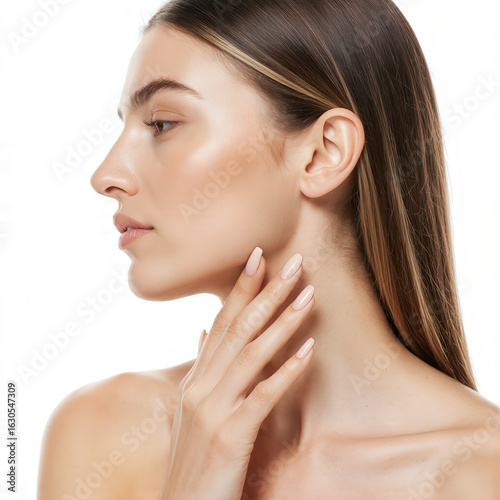 Beauty Unveiled: A captivating portrait of a woman, her profile exquisitely framed by flowing hair. The image showcases her flawless skin and gentle touch, radiating serene elegance.