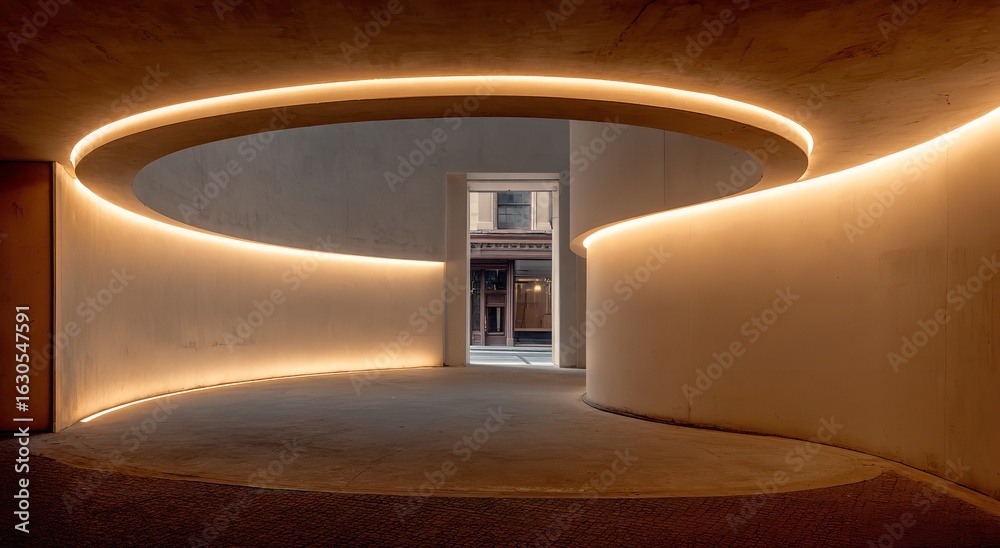 Obraz premium Curved Architectural Tunnel Interior with LED Strip Lighting and Symmetrical Composition Leading to Adjacent Building Entrance