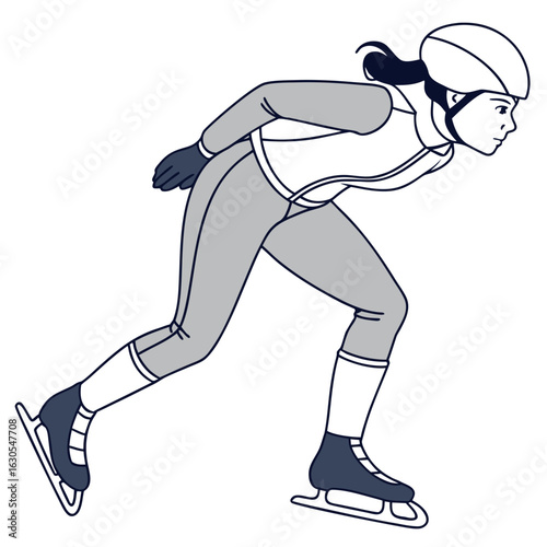 Female ice skater in motion wearing helmet and athletic gear  