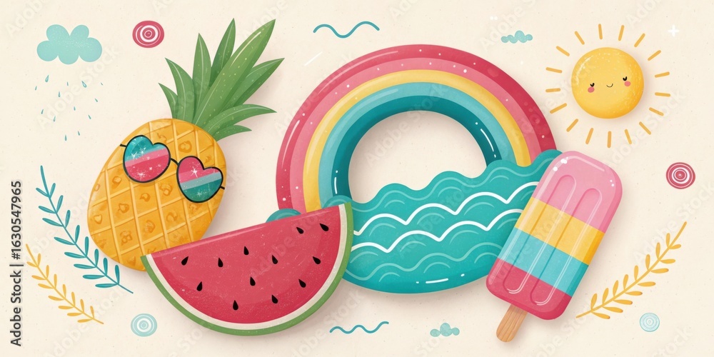 Fototapeta premium Fun summer vacation elements featuring pineapple watermelon rainbow and popsicle