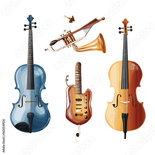 A collection of various musical instruments set against an isolated backdrop.