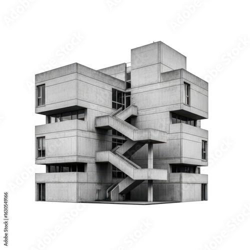 Brutalist architecture building with external staircase isolated on transparent background