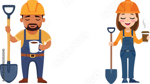 vector flat cartoon diverse construction workers with shovels and coffee, professional builders on a coffee break