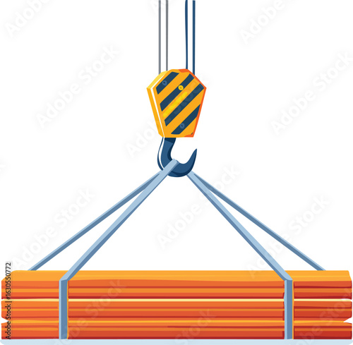 construction and building industry equipment, crane hook lifting heavy wooden planks, vector clip art