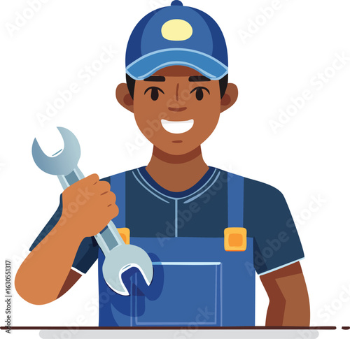 Happy African American strong mechanic holding wrench, professional repairman in uniform, repair service icon, cartoon flat vector
