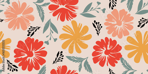 Flower seamless pattern. Organic shapes abstract floral background. Modern print in colorful for textile design, fabric, wallpaper, covers, cards, wall art, posters and decoration.